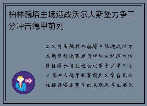柏林赫塔主场迎战沃尔夫斯堡力争三分冲击德甲前列
