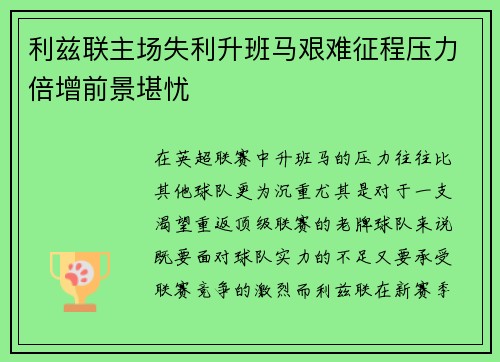 利兹联主场失利升班马艰难征程压力倍增前景堪忧