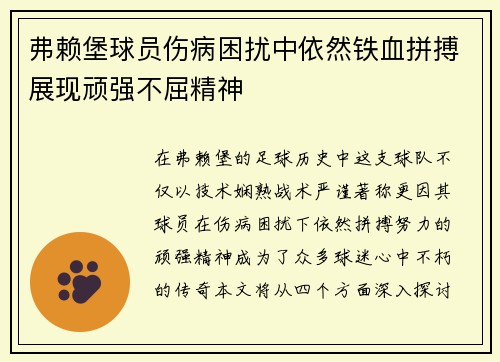 弗赖堡球员伤病困扰中依然铁血拼搏展现顽强不屈精神