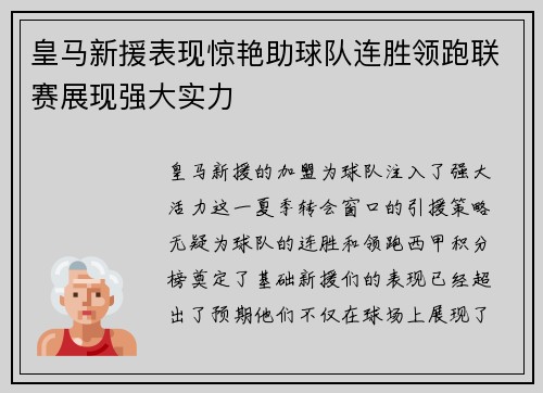 皇马新援表现惊艳助球队连胜领跑联赛展现强大实力