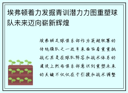 埃弗顿着力发掘青训潜力力图重塑球队未来迈向崭新辉煌