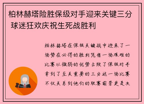 柏林赫塔险胜保级对手迎来关键三分 球迷狂欢庆祝生死战胜利
