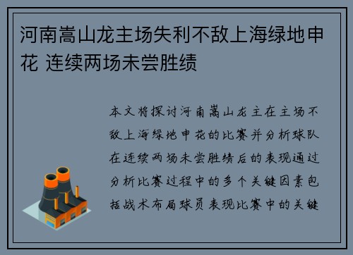 河南嵩山龙主场失利不敌上海绿地申花 连续两场未尝胜绩