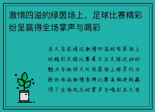 激情四溢的绿茵场上，足球比赛精彩纷呈赢得全场掌声与喝彩