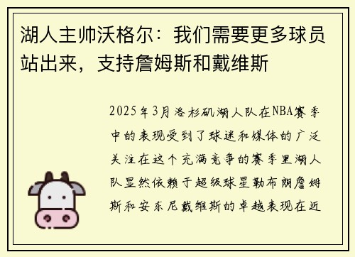 湖人主帅沃格尔：我们需要更多球员站出来，支持詹姆斯和戴维斯