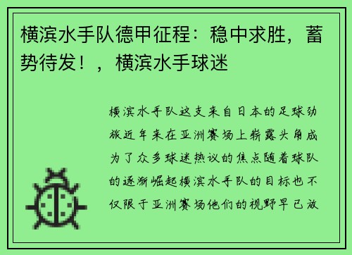 横滨水手队德甲征程：稳中求胜，蓄势待发！，横滨水手球迷