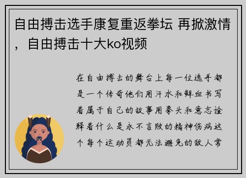 自由搏击选手康复重返拳坛 再掀激情，自由搏击十大ko视频