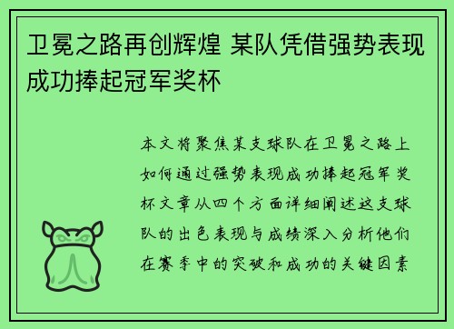 卫冕之路再创辉煌 某队凭借强势表现成功捧起冠军奖杯