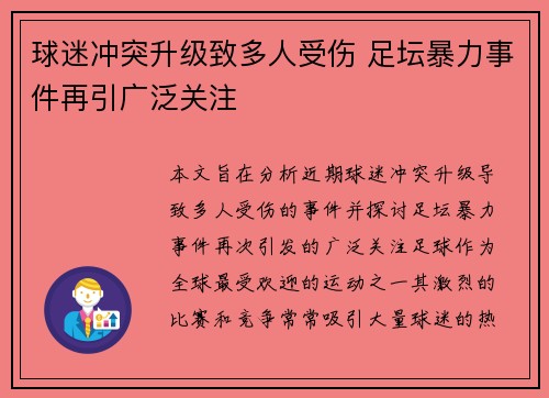 球迷冲突升级致多人受伤 足坛暴力事件再引广泛关注