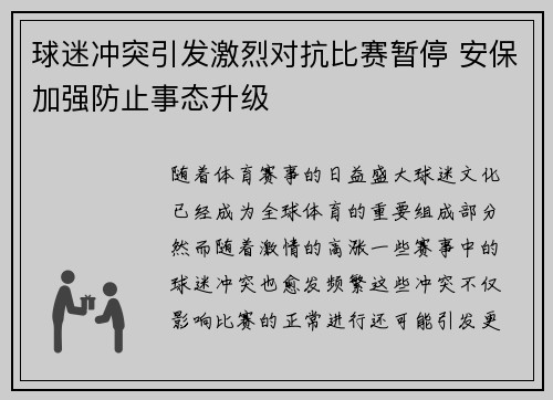 球迷冲突引发激烈对抗比赛暂停 安保加强防止事态升级
