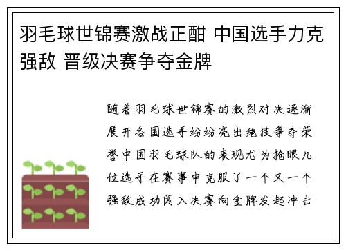 羽毛球世锦赛激战正酣 中国选手力克强敌 晋级决赛争夺金牌
